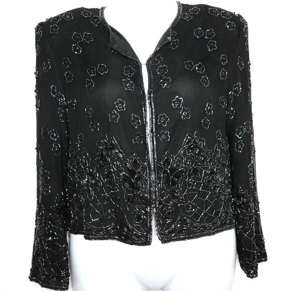 Vintage Scala 100% Silk Beaded Sequin Black Jacket Size Petite Large Front Clasp - Picture 1 of 3